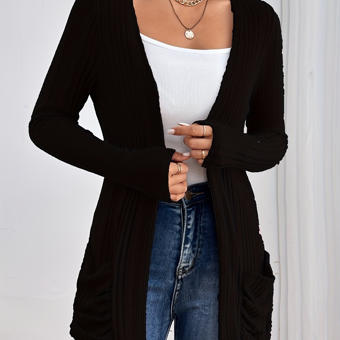 Comfortabel Dames Vest Met Zakken En Geribde Structuur