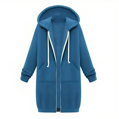 Comfortabele Dames Midi Sweaterjurk Met Rits en Capuchon