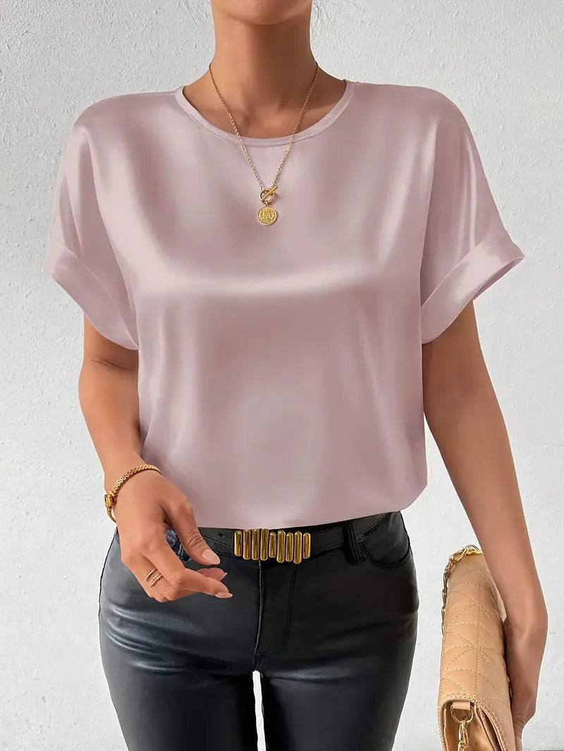 Katerina - Satijn afwerking T-shirt met opgerolde mouwen voor dames