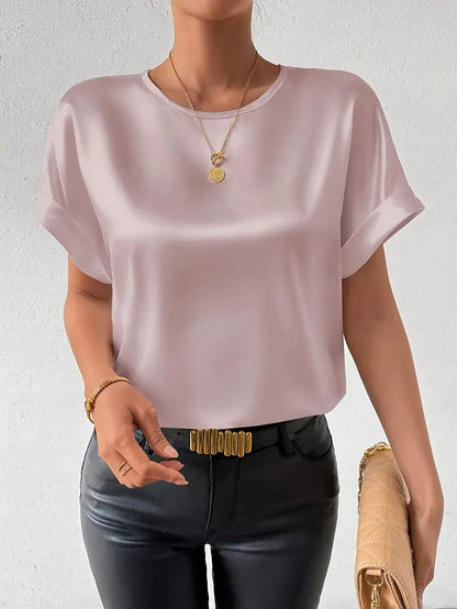 Katerina - Satijn afwerking T-shirt met opgerolde mouwen voor dames