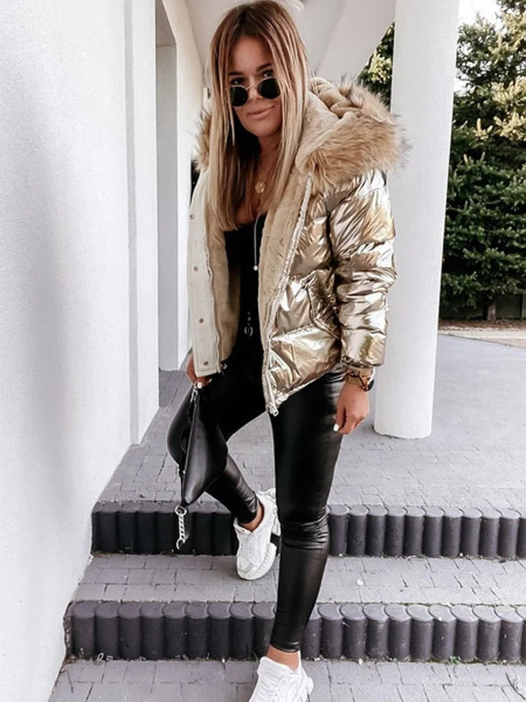 Dames Metallic Puffer Winterjas met Capuchon