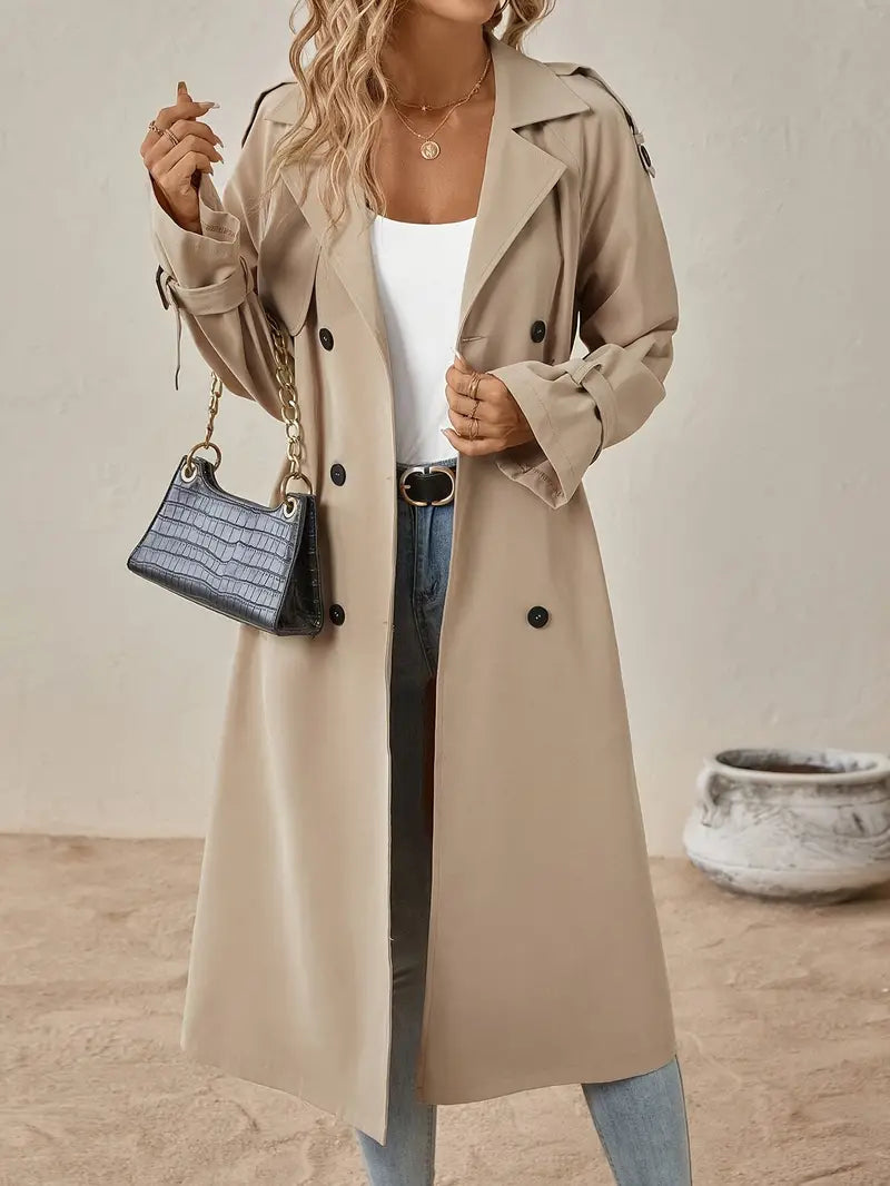 Beige Maxi Trenchcoat Dames Stijlvolle Dubbelrijg Jas Met Ceintuur