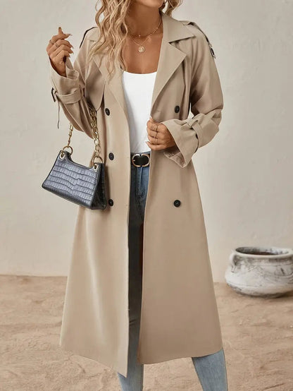 Beige Maxi Trenchcoat Dames Stijlvolle Dubbelrijg Jas Met Ceintuur