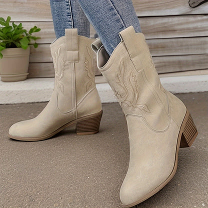 Dames Beige Elegante Cowboylaarzen Met Lage Hak