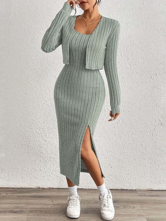 Stijlvolle Geribde Midi jurk Set Voor Dames Met Bolero Vest En Split
