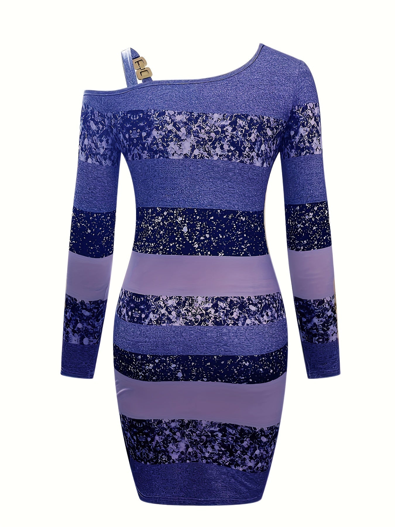 Pailletten Bodycon Mini Jurk Met Glitterstrepen En Asymmetrische Hals