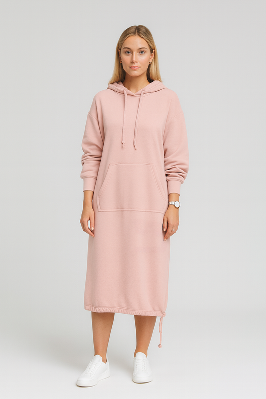 Comfortabele Midi Dames Sweaterjurk Met Hoodie