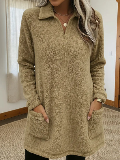 Comfortabele Fleece Sweater voor Dames Met Kraag En Zakken