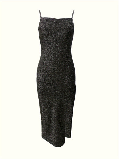 Glitter Midi Cocktailjurk Voor Dames Met Spaghettibandjes En Split