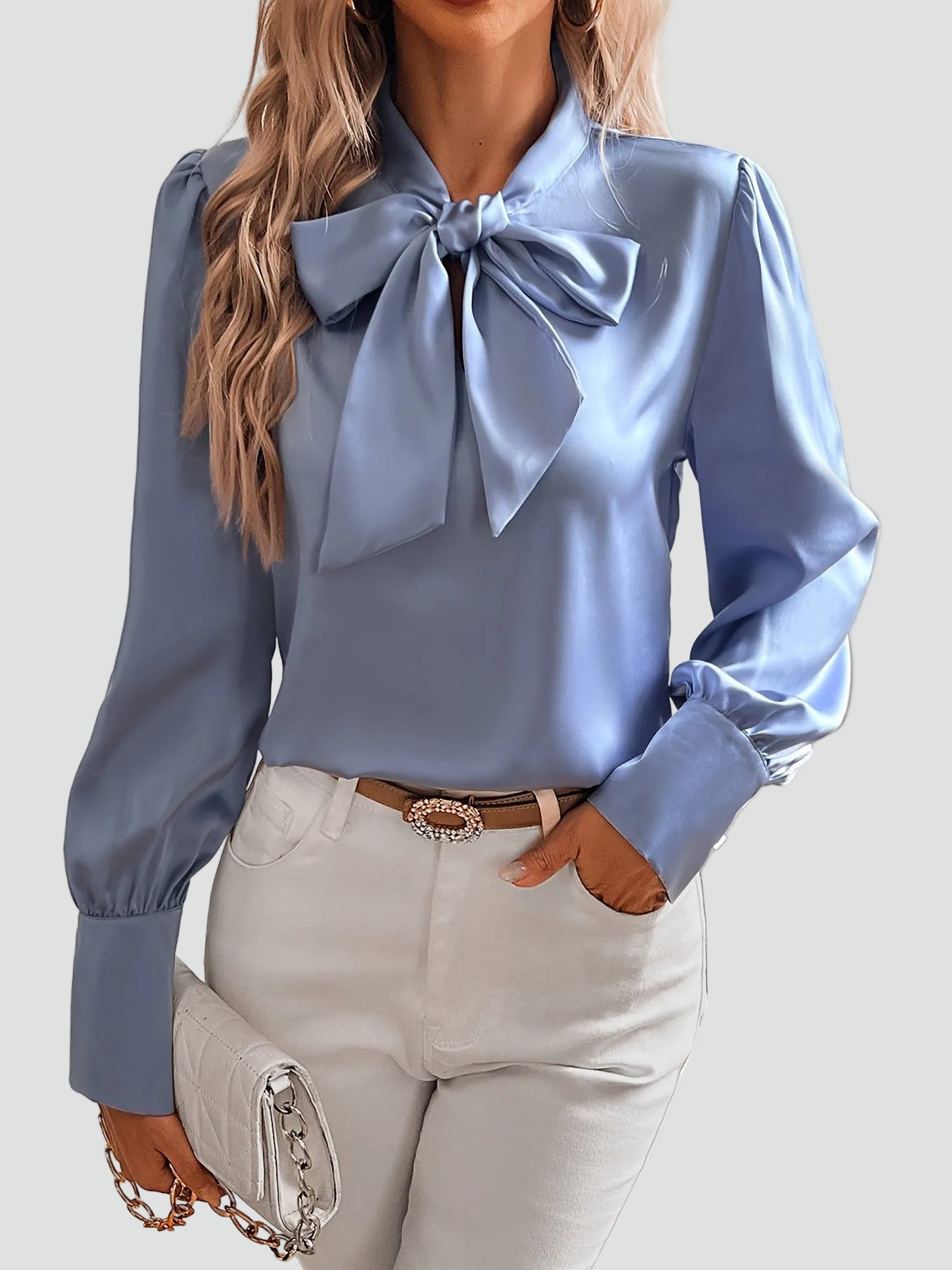 Elegante Dames Satijnen Blouse Met Strik En Lange Mouwen