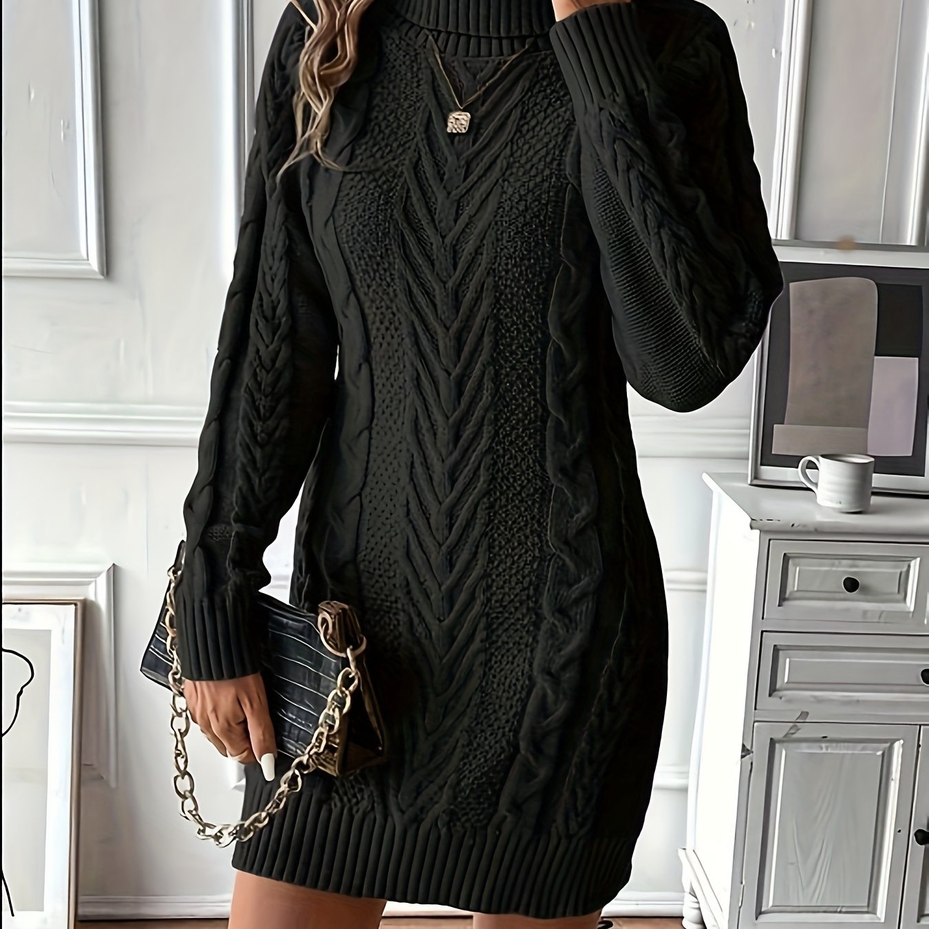 Kabelgebreide Mini Sweaterjurk Met Col Voor Dames Winter