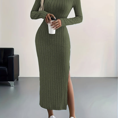 Elegante Warme Geribde Midi Sweaterjurk Voor Dames Met Split