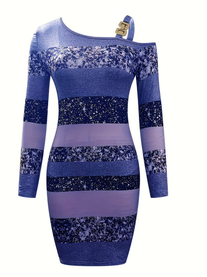 Pailletten Bodycon Mini Jurk Met Glitterstrepen En Asymmetrische Hals