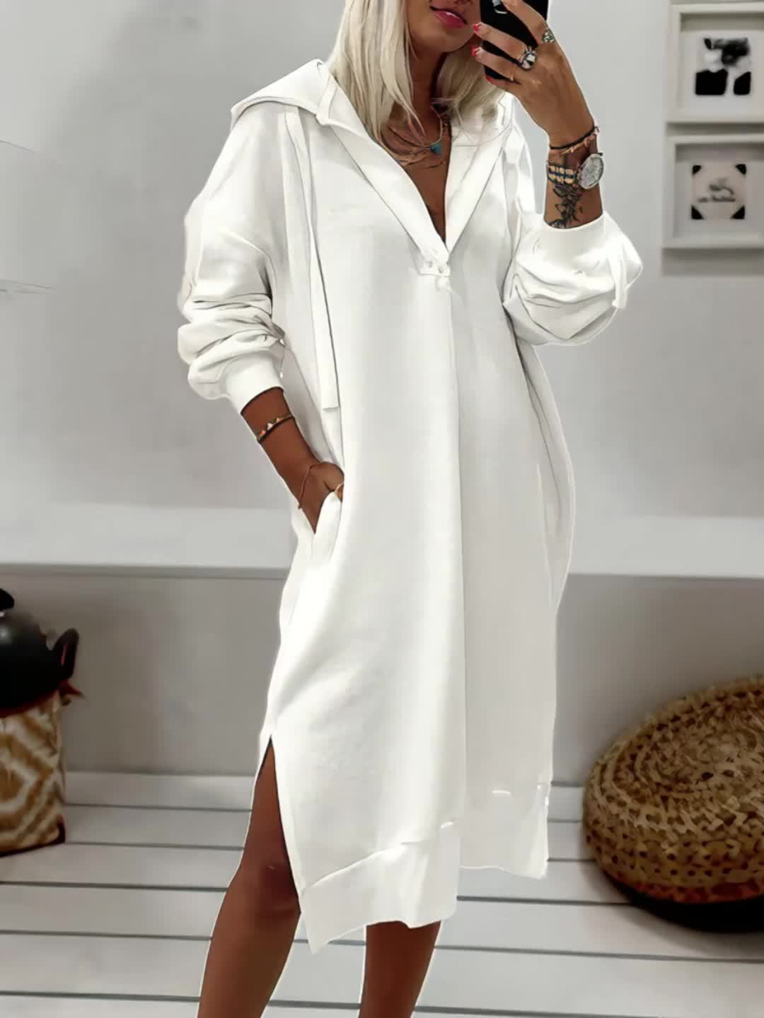 Comfortabele Oversized Midi Sweater Jurk Met Hoodie Voor Dames
