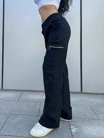 Stoere Zwarte High Waist Cargo Broek Voor Vrouwen Rechte Pijpen