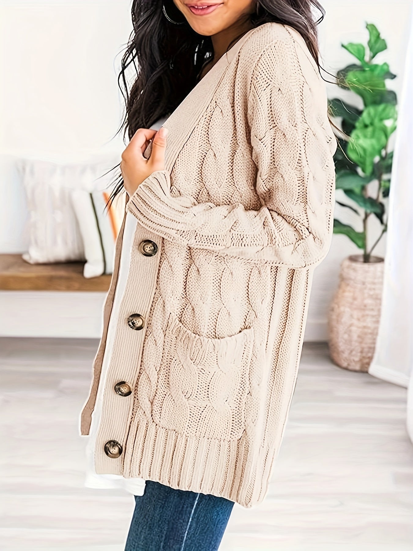Warm Kabelgebreid Dames Vest Met Knopen En Zakken