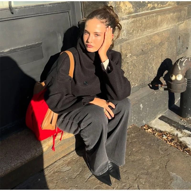 Dames Wolblend Jas met Hoge Kraag en Dubbele Knopen