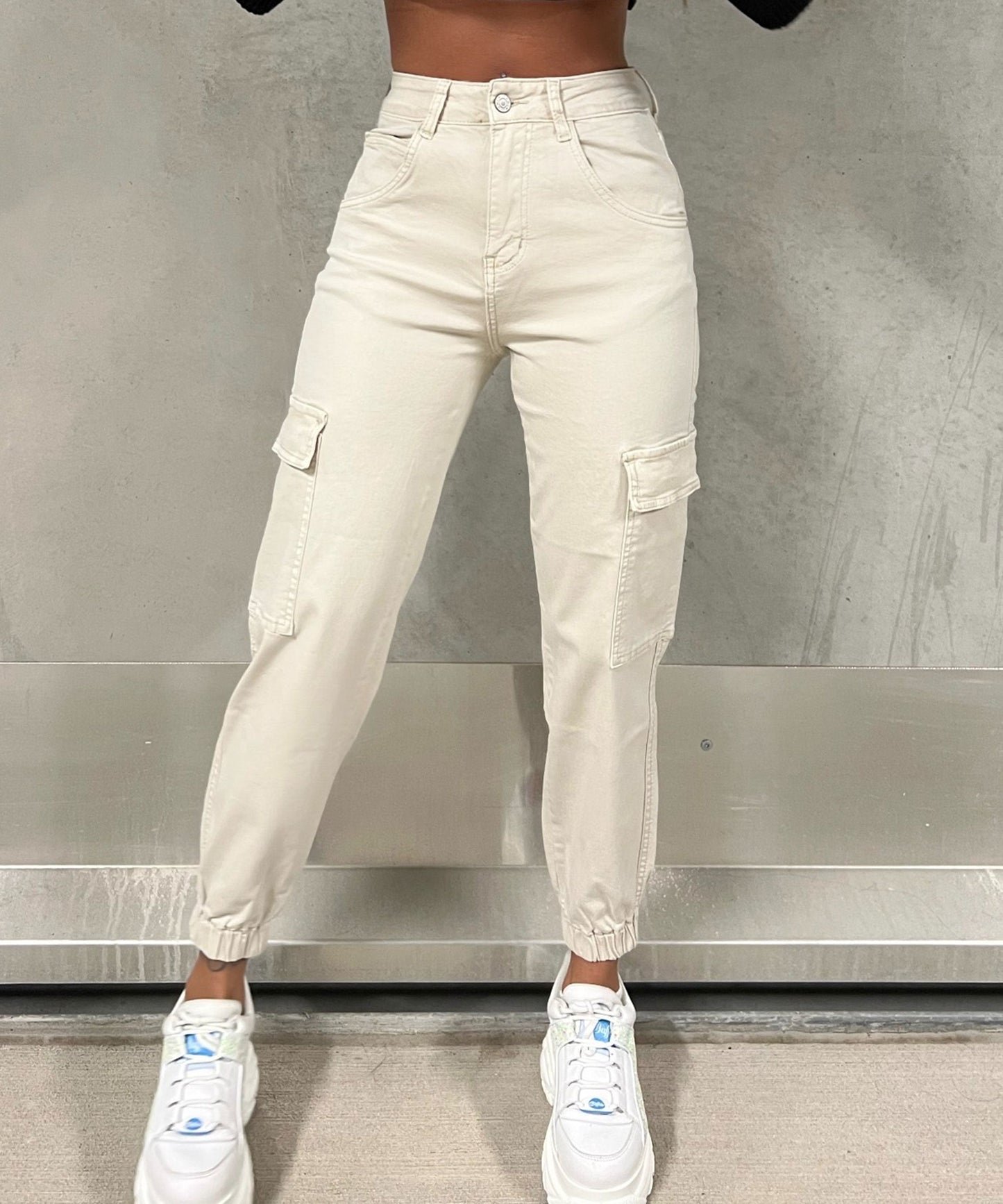 Witte Dames Hoge Taille Cargo Jeans Met Zakken