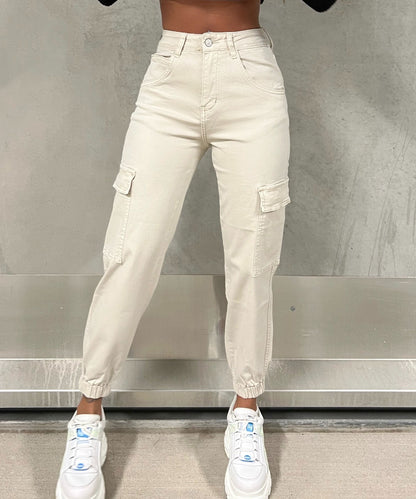 Witte Dames Hoge Taille Cargo Jeans Met Zakken