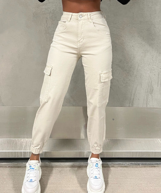 Witte Dames Hoge Taille Cargo Jeans Met Zakken