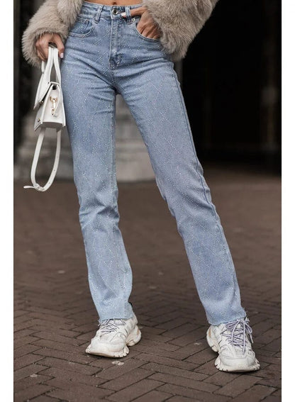 Dames Jeans High Waist met Ruit Strass Rechte Pijp