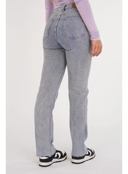 Dames Jeans High Waist met Ruit Strass Rechte Pijp