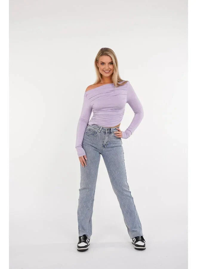 Dames Jeans High Waist met Ruit Strass Rechte Pijp