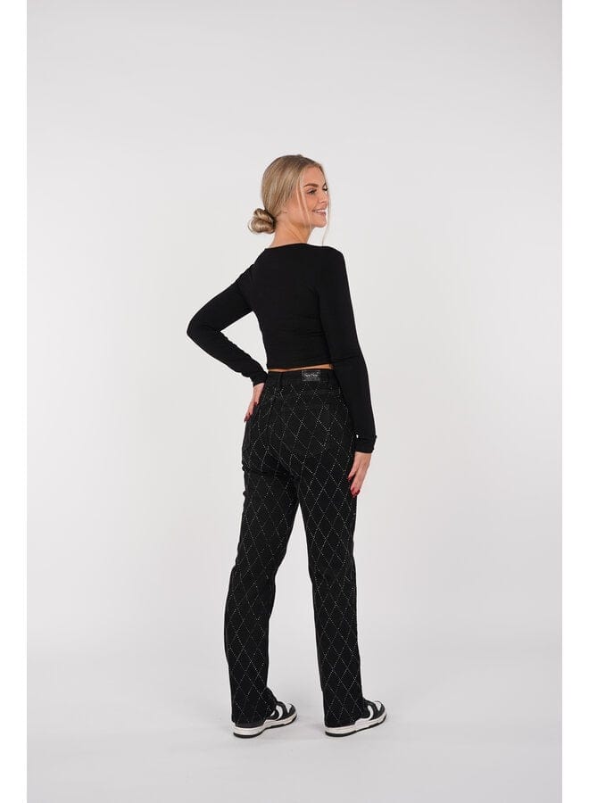 Dames Jeans High Waist met Ruit Strass Rechte Pijp