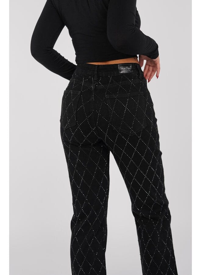 Dames Jeans High Waist met Ruit Strass Rechte Pijp