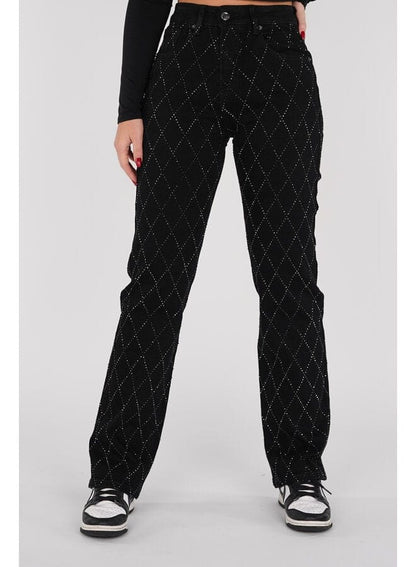 Dames Jeans High Waist met Ruit Strass Rechte Pijp