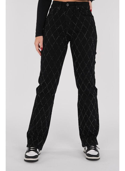 Dames Jeans High Waist met Ruit Strass Rechte Pijp