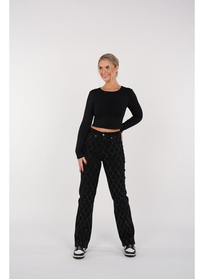 Dames Jeans High Waist met Ruit Strass Rechte Pijp