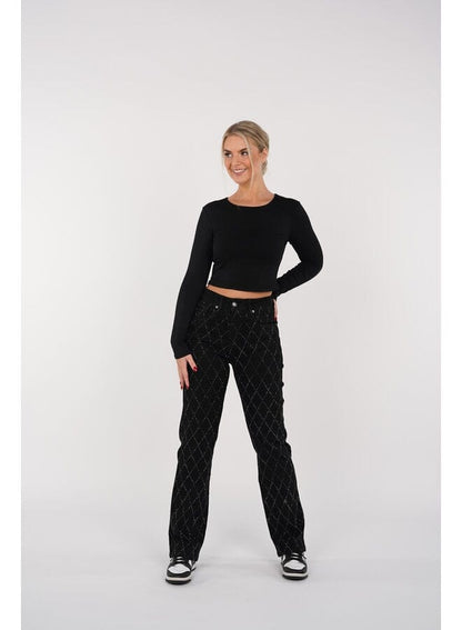 Dames Jeans High Waist met Ruit Strass Rechte Pijp