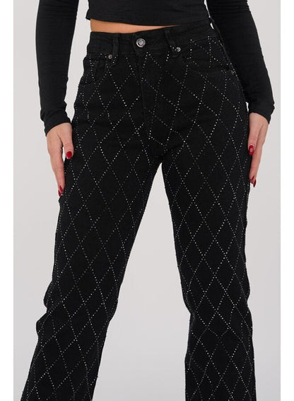 Dames Jeans High Waist met Ruit Strass Rechte Pijp