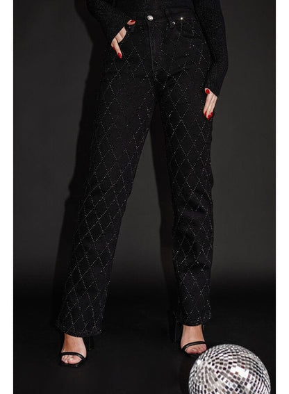 Dames Jeans High Waist met Ruit Strass Rechte Pijp