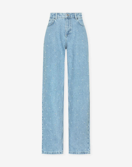 Dames Hoge Taille Rechte Jeans Met Strass Steentjes Chic