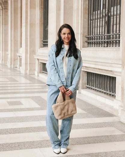 Dames Hoge Taille Rechte Jeans Met Strass Steentjes Chic