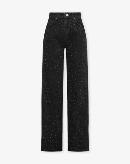 Dames Hoge Taille Rechte Jeans Met Strass Steentjes Chic