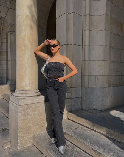 Dames Hoge Taille Rechte Jeans Met Strass Steentjes Chic
