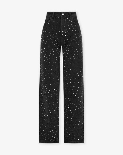 Dames Hoge Taille Rechte Jeans Met Strass Steentjes Chic