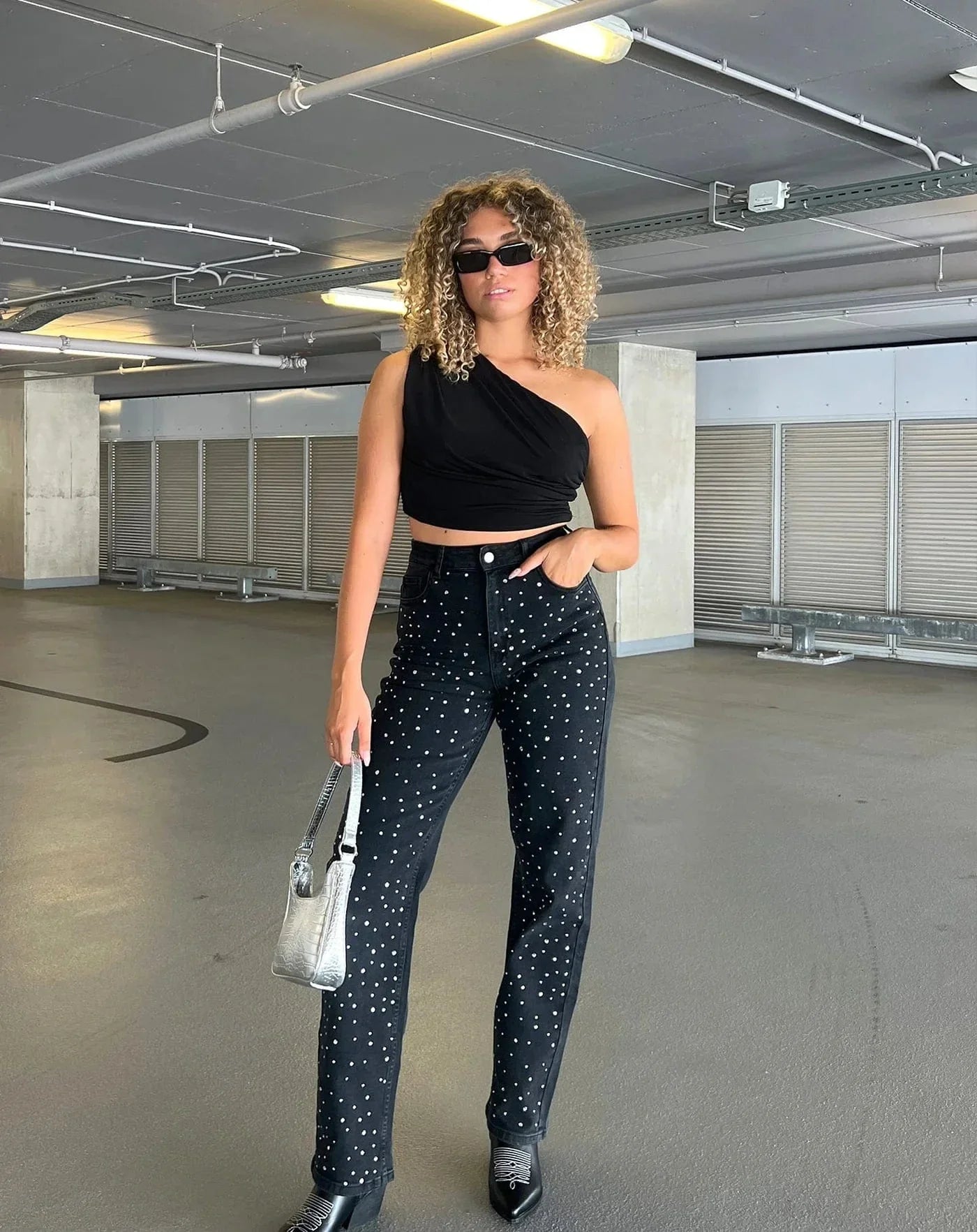 Dames Hoge Taille Rechte Jeans Met Strass Steentjes Chic