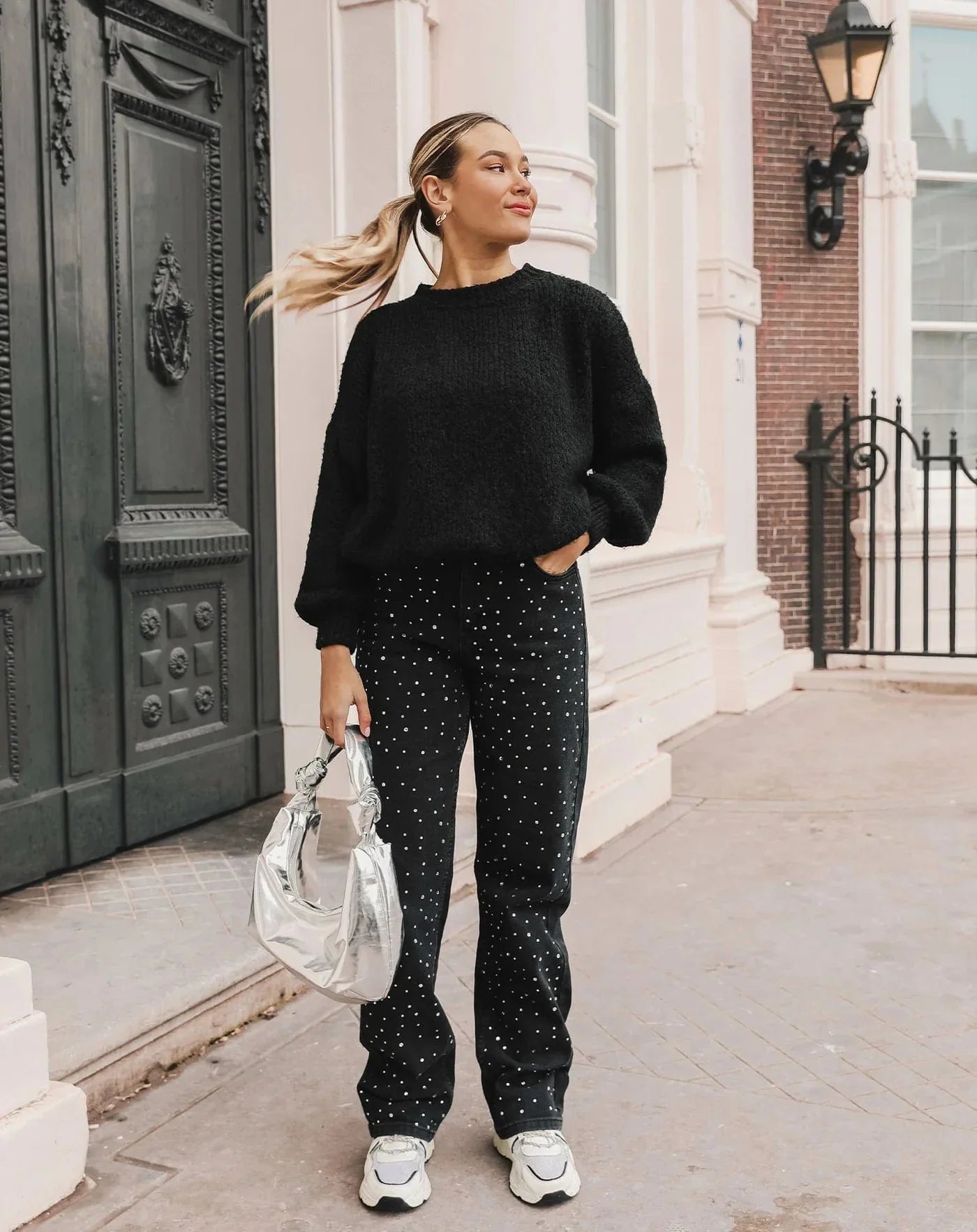 Dames Hoge Taille Rechte Jeans Met Strass Steentjes Chic