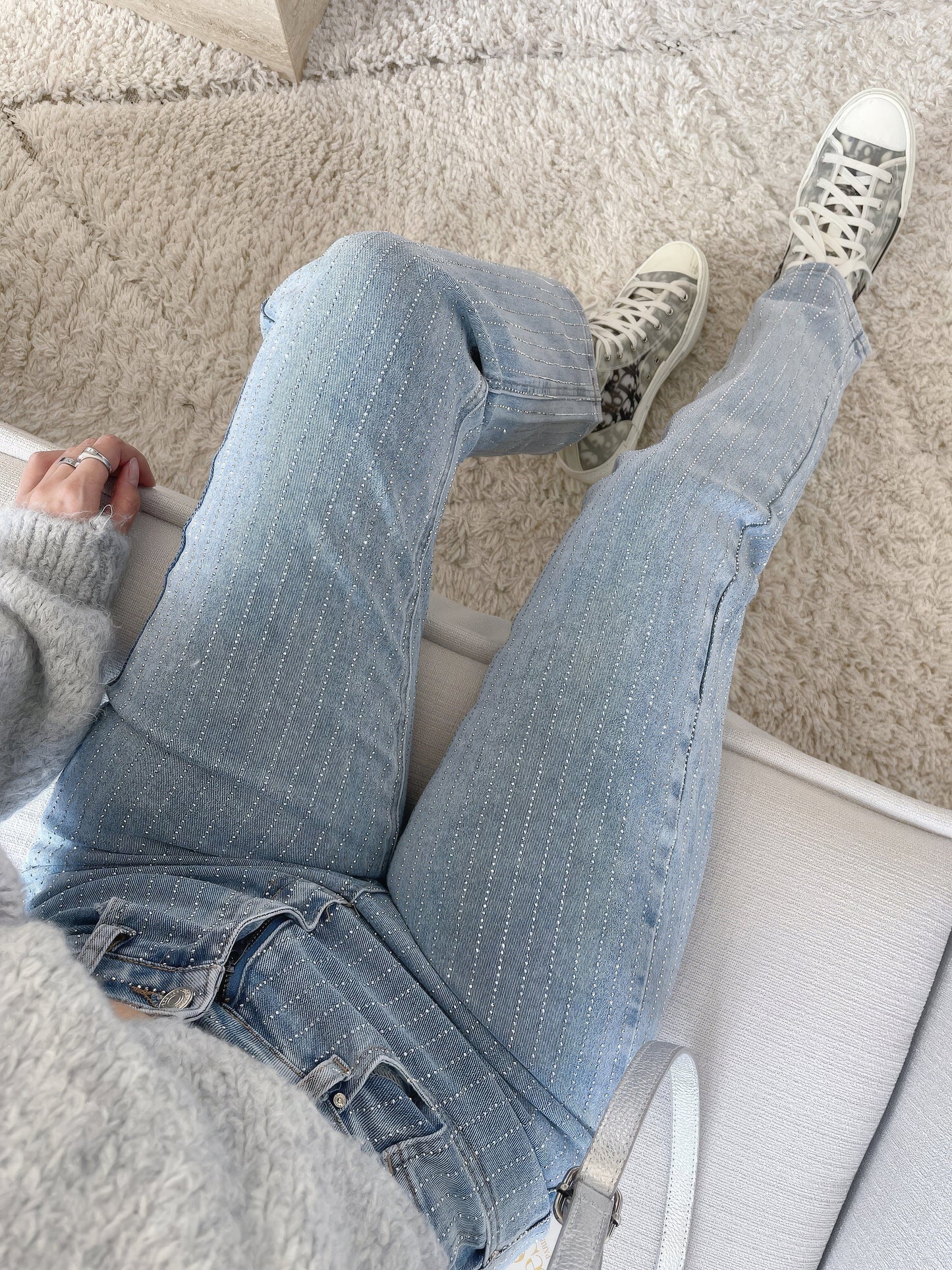 Dames Hoge Taille Rechte Jeans Met Strass Steentjes Chic