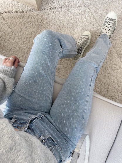 Dames Hoge Taille Rechte Jeans Met Strass Steentjes Chic