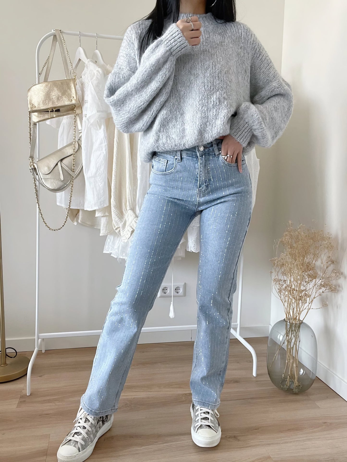 Dames Hoge Taille Rechte Jeans Met Strass Steentjes Chic