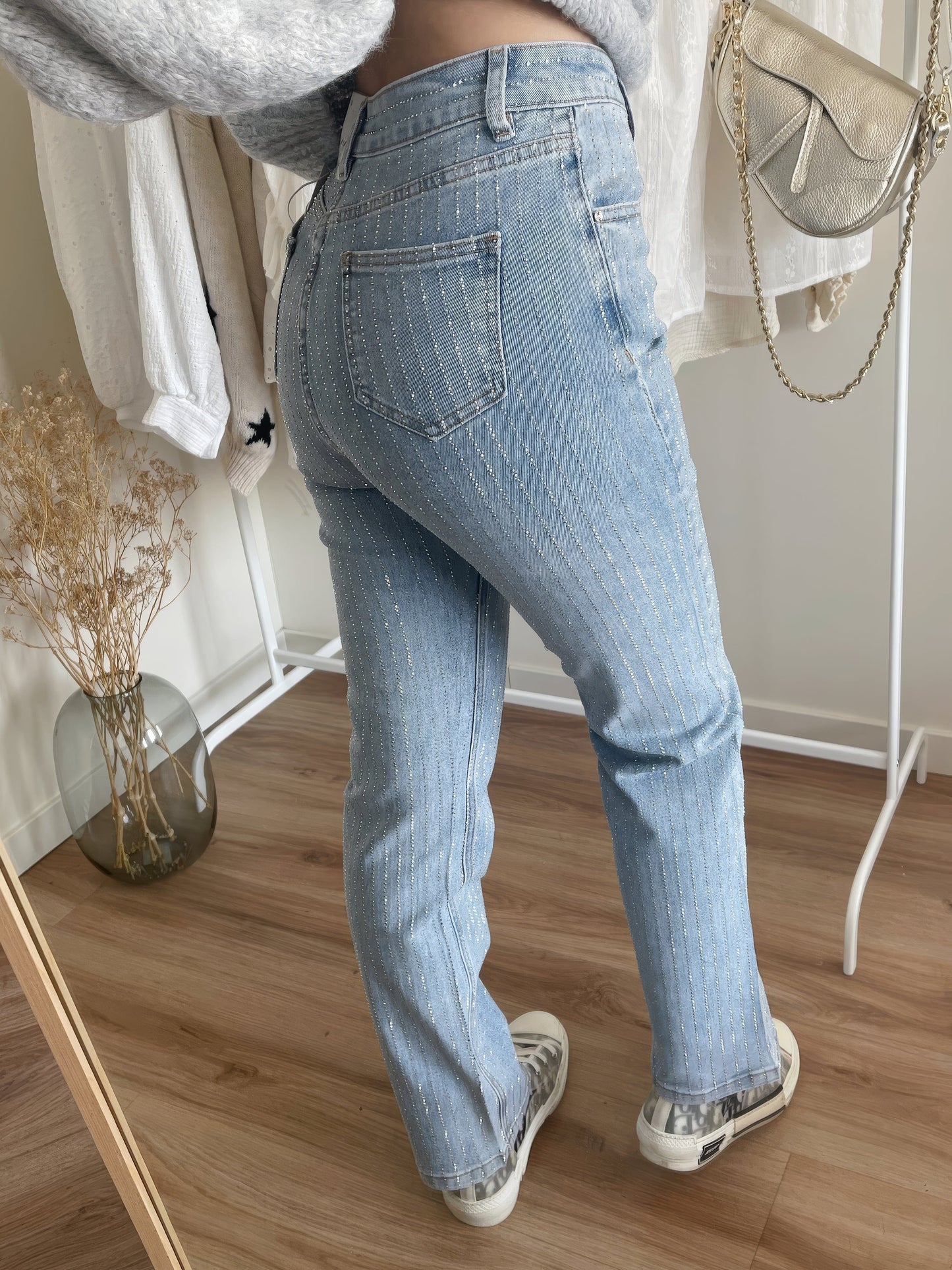 Dames Hoge Taille Rechte Jeans Met Strass Steentjes Chic