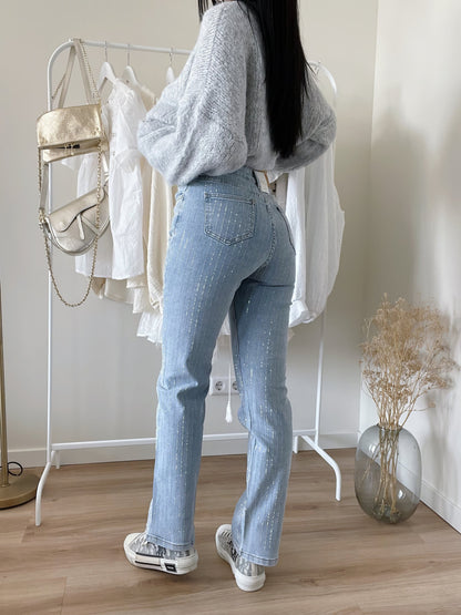 Dames Hoge Taille Rechte Jeans Met Strass Steentjes Chic