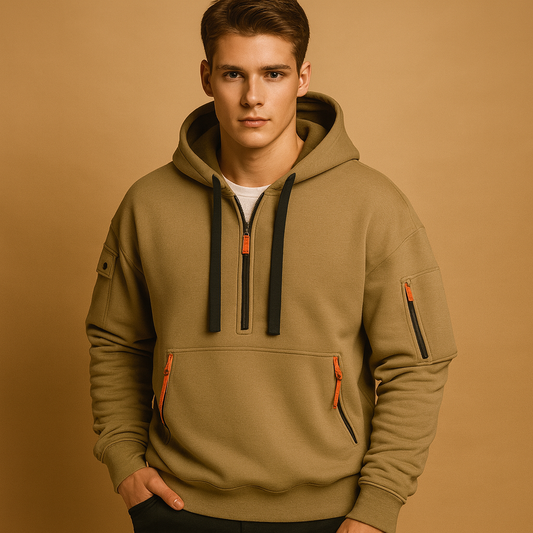 Sportieve Heren Hoodie met Half Zip en Zakken inclusief Mouwzak Warm