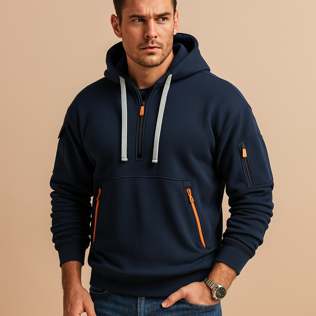 Sportieve Heren Hoodie met Half Zip en Zakken inclusief Mouwzak Warm