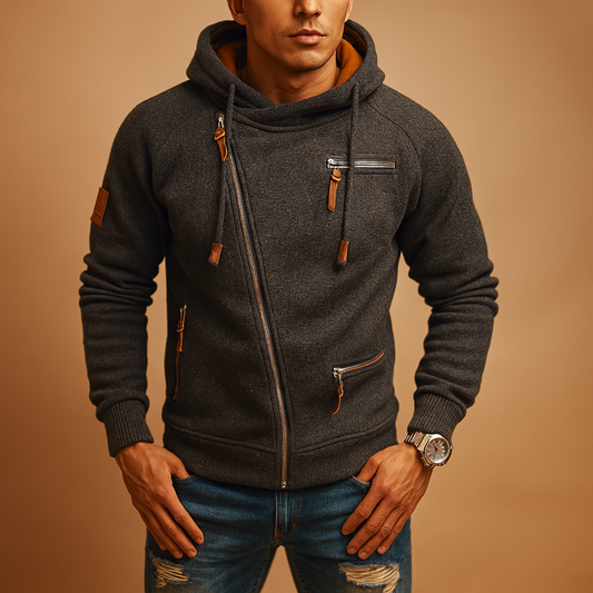 Warme Heren Hoodie met Asymmetrische Rits Zakken en Ribboorden